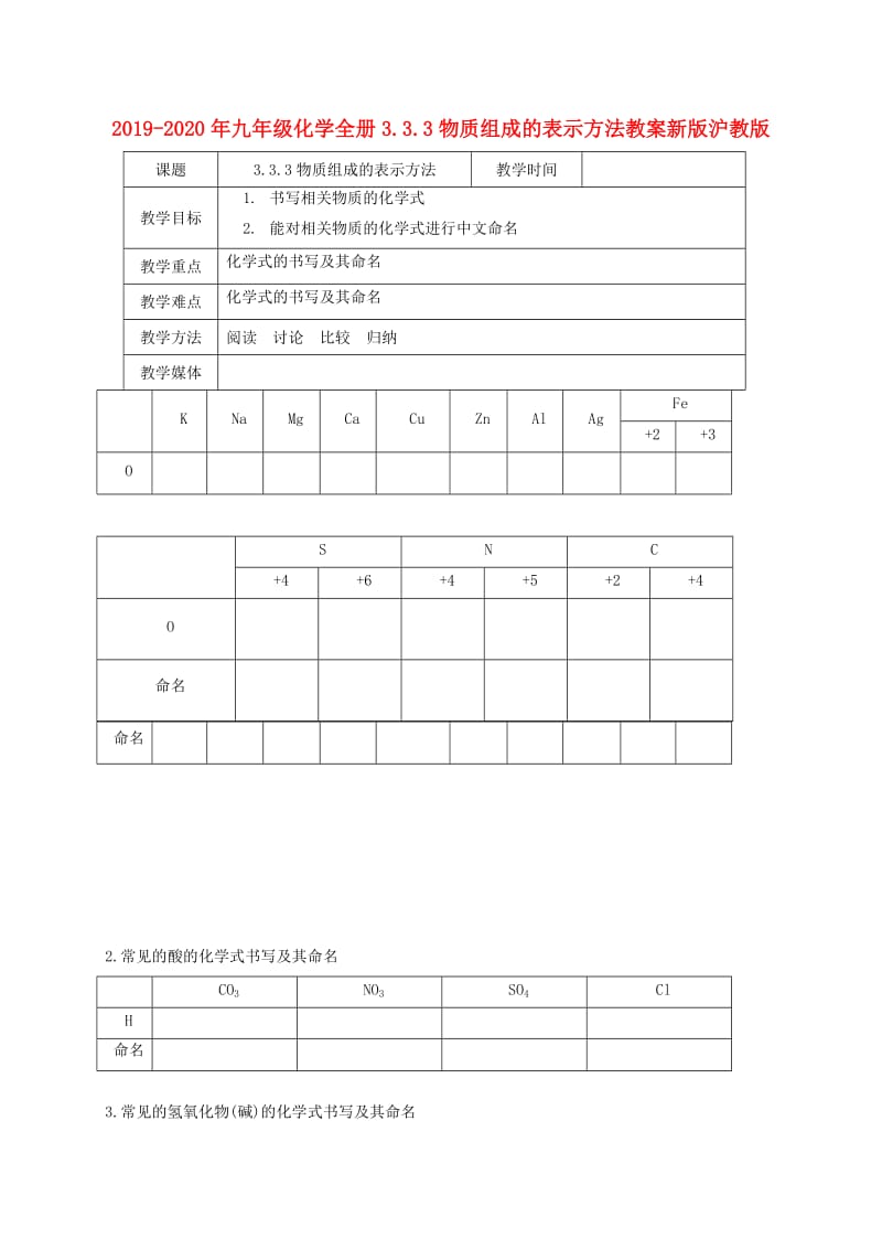 2019-2020年九年级化学全册3.3.3物质组成的表示方法教案新版沪教版.doc_第1页