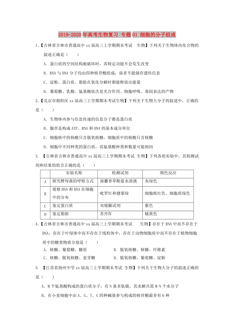 2019-2020年高考生物复习 专题01 细胞的分子组成.doc_第1页