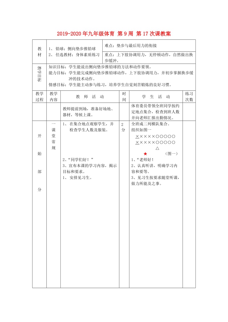 2019-2020年九年级体育 第9周 第17次课教案.doc_第1页