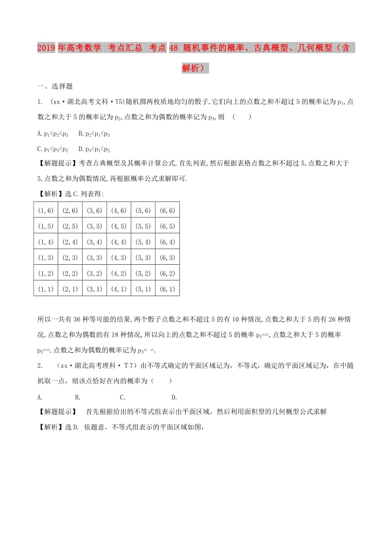 2019年高考数学 考点汇总 考点48 随机事件的概率、古典概型、几何概型（含解析）.doc_第1页