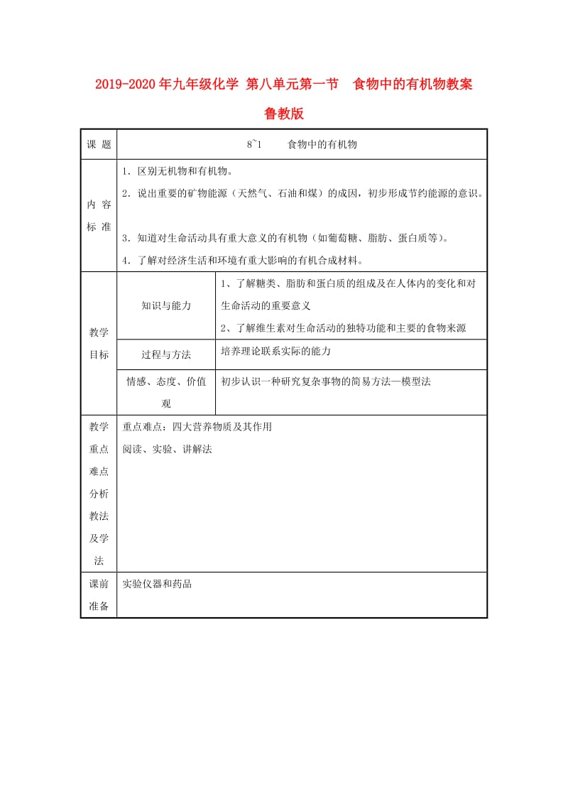 2019-2020年九年级化学 第八单元第一节 食物中的有机物教案 鲁教版.doc_第1页