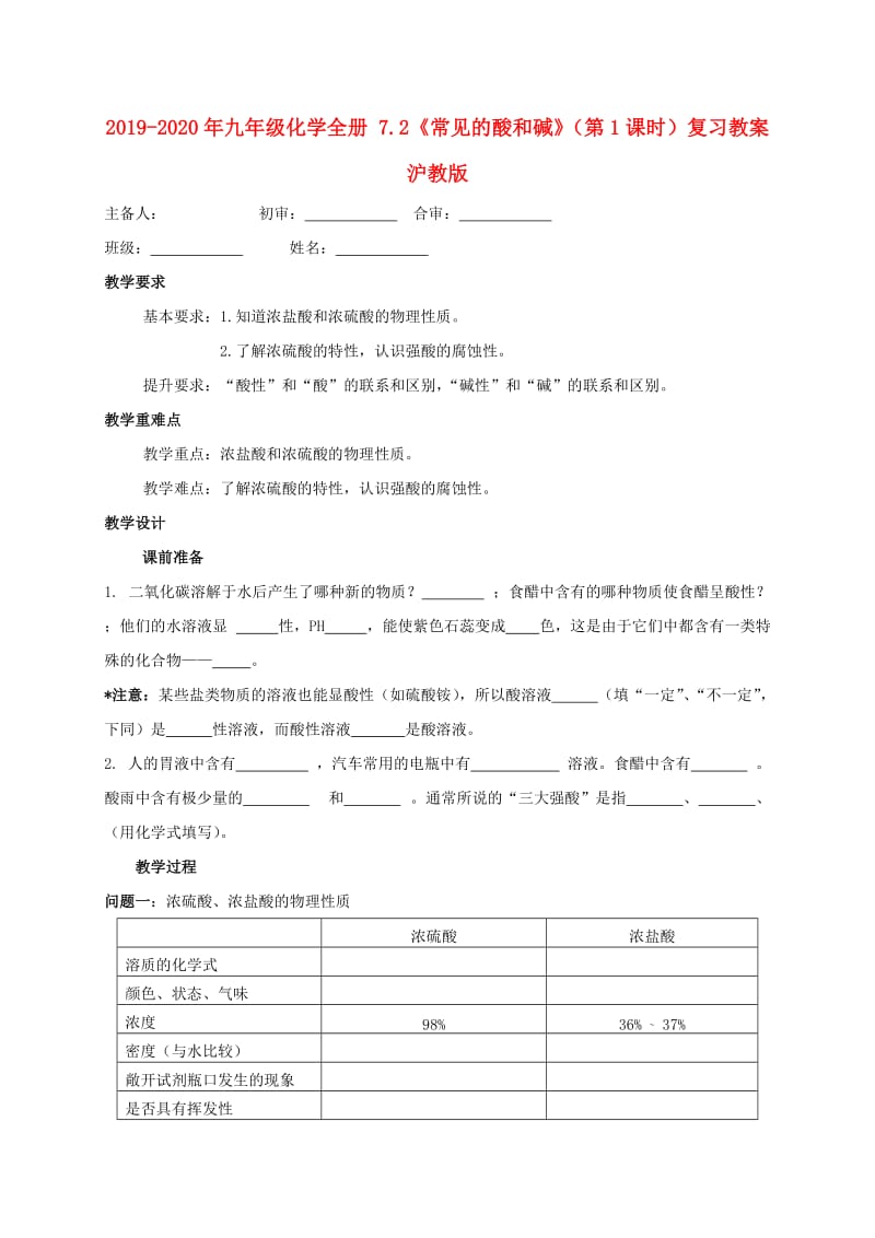 2019-2020年九年级化学全册 7.2《常见的酸和碱》（第1课时）复习教案 沪教版.doc_第1页