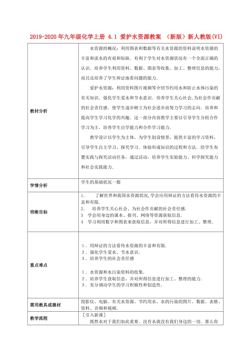 2019-2020年九年级化学上册 4.1 爱护水资源教案 （新版）新人教版(VI).doc_第1页