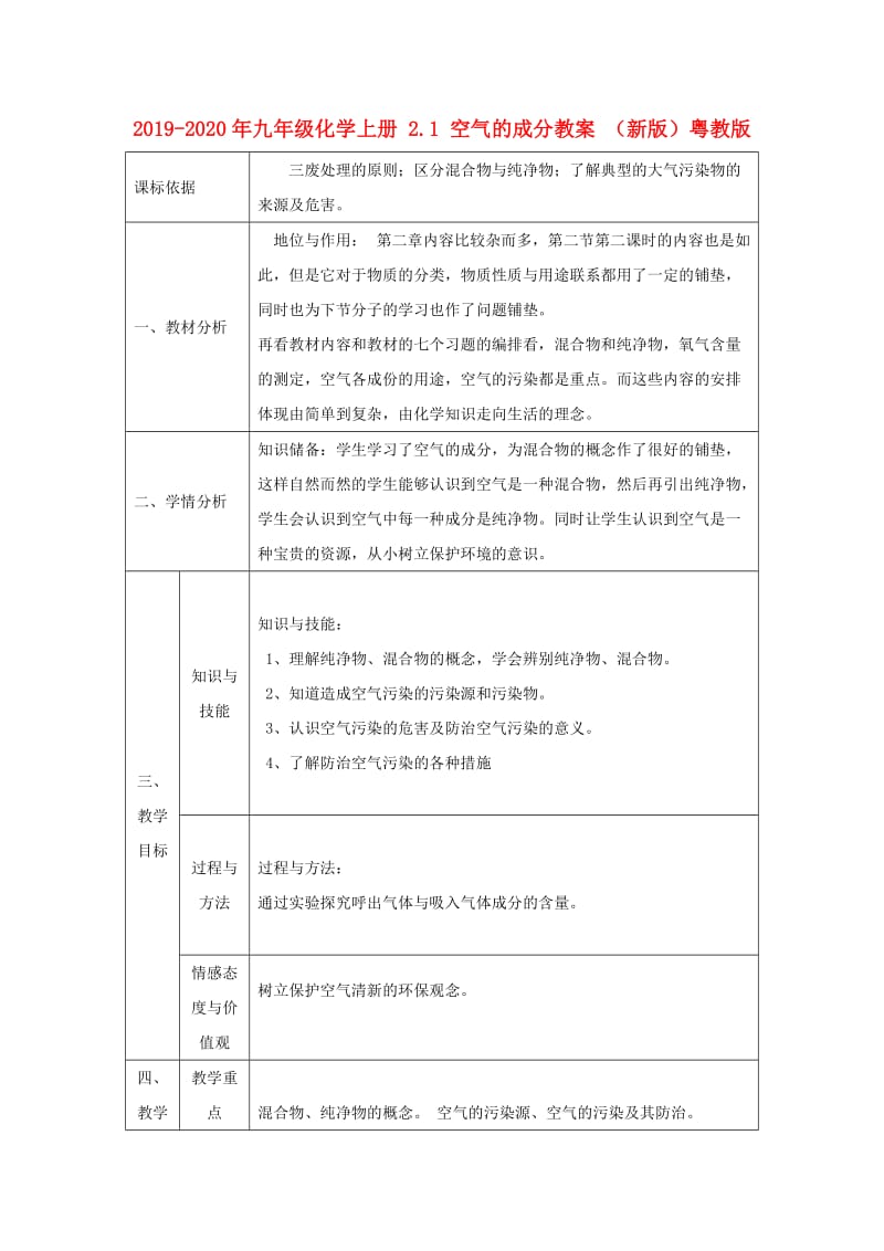 2019-2020年九年级化学上册 2.1 空气的成分教案 （新版）粤教版.doc_第1页