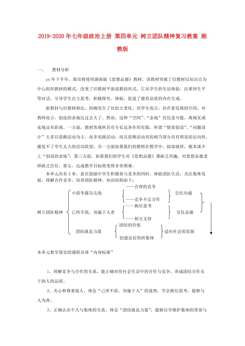 2019-2020年七年级政治上册 第四单元 树立团队精神复习教案 湘教版.doc_第1页