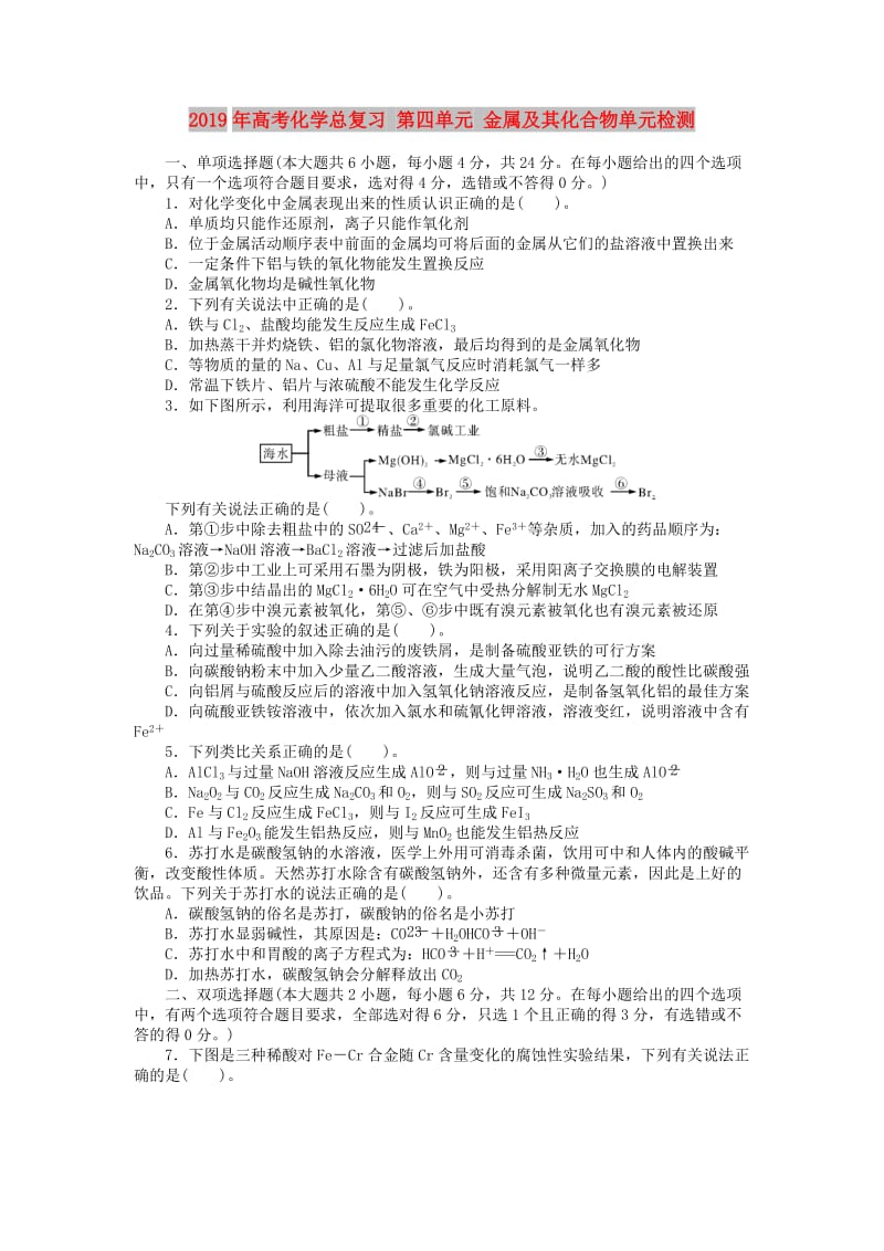 2019年高考化学总复习 第四单元 金属及其化合物单元检测.doc_第1页