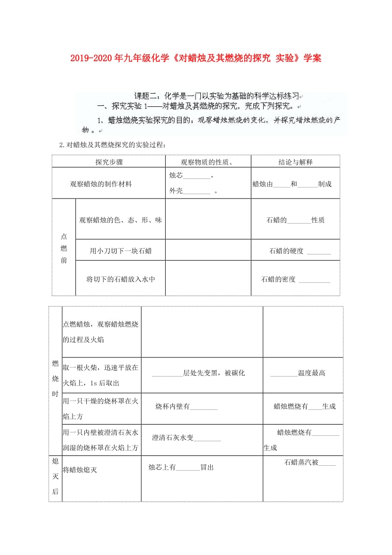 2019-2020年九年级化学《对蜡烛及其燃烧的探究 实验》学案.doc_第1页