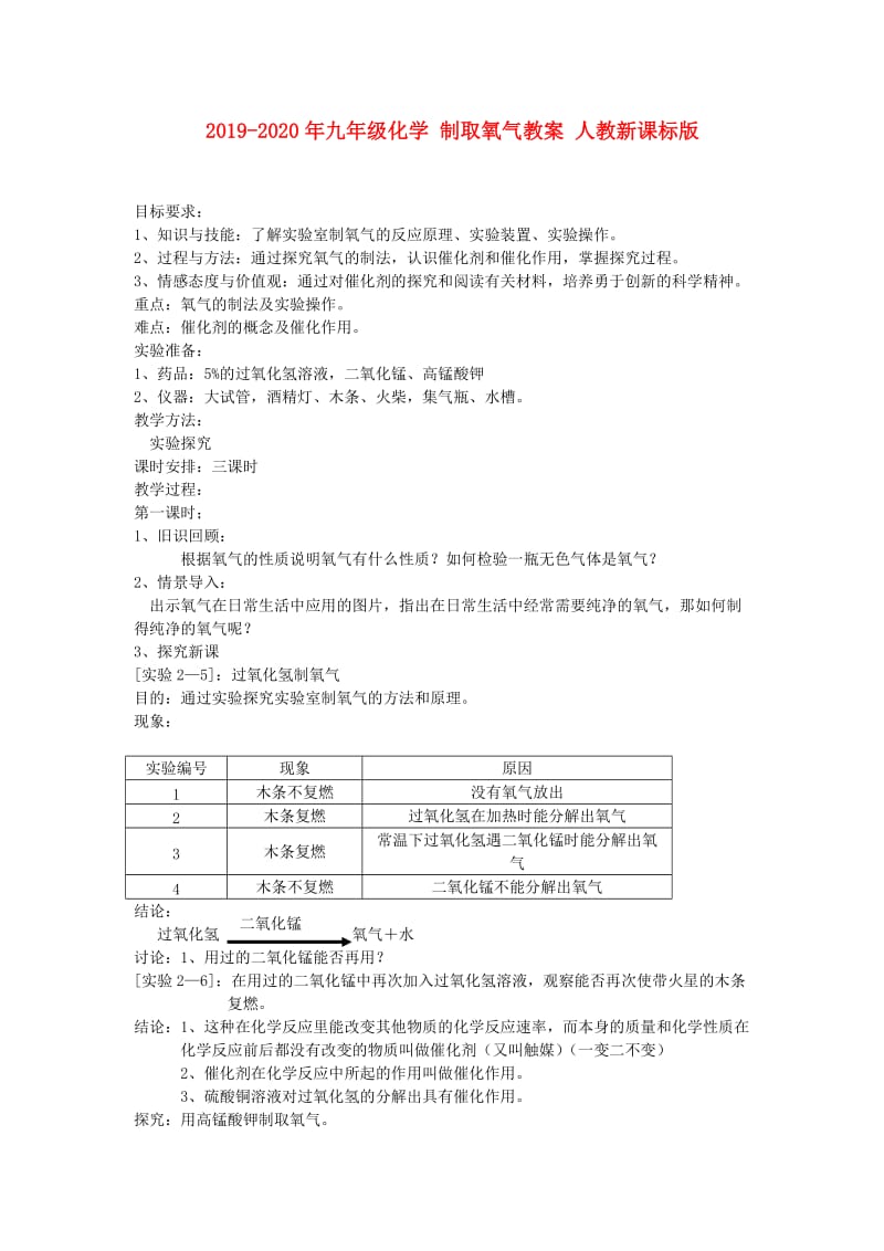 2019-2020年九年级化学 制取氧气教案 人教新课标版.doc_第1页