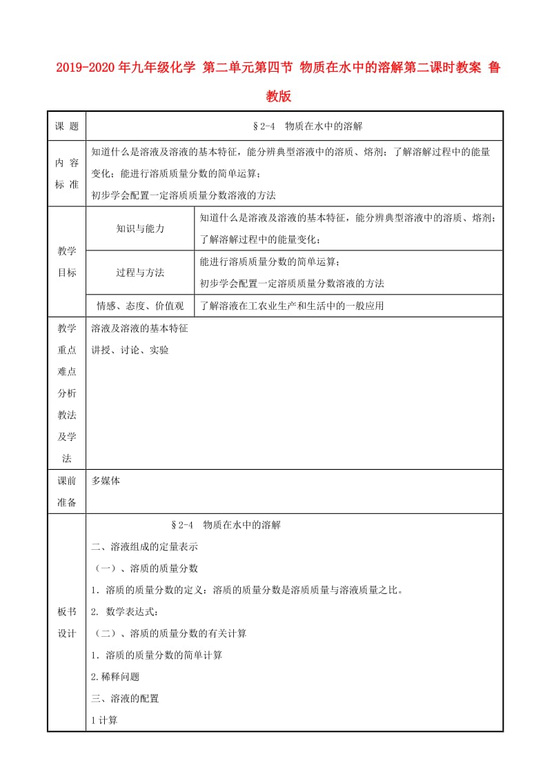 2019-2020年九年级化学 第二单元第四节 物质在水中的溶解第二课时教案 鲁教版.doc_第1页