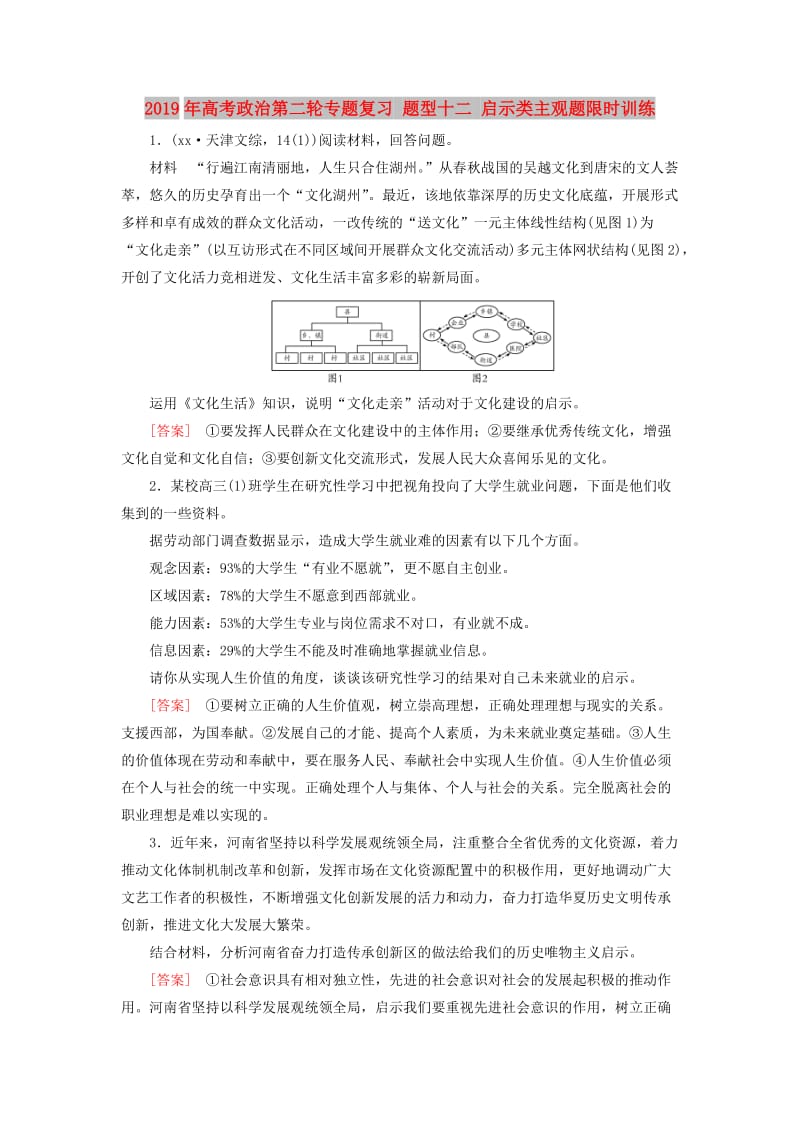 2019年高考政治第二轮专题复习 题型十二 启示类主观题限时训练.doc_第1页