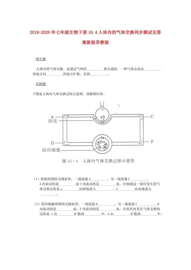 2019-2020年七年级生物下册10.4人体内的气体交换同步测试无答案新版苏教版.doc_第1页