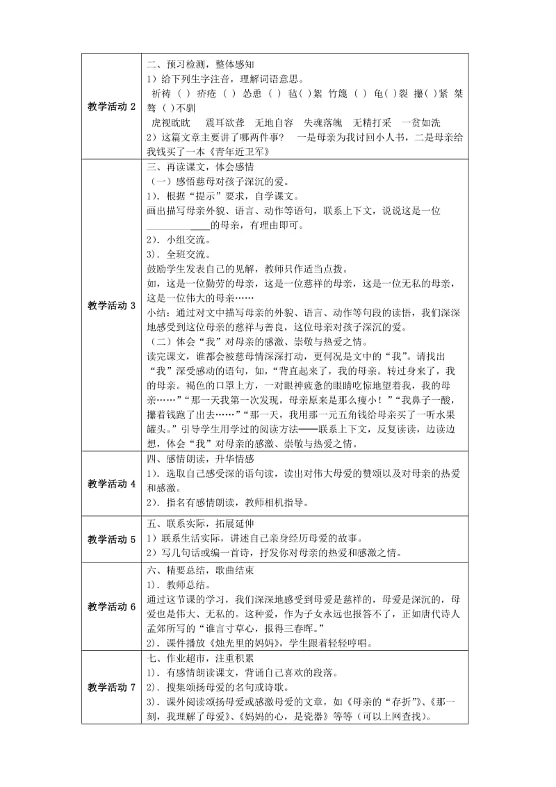 2019-2020年七年级语文上册《慈母情深》教学设计方案 北师大版.doc_第2页