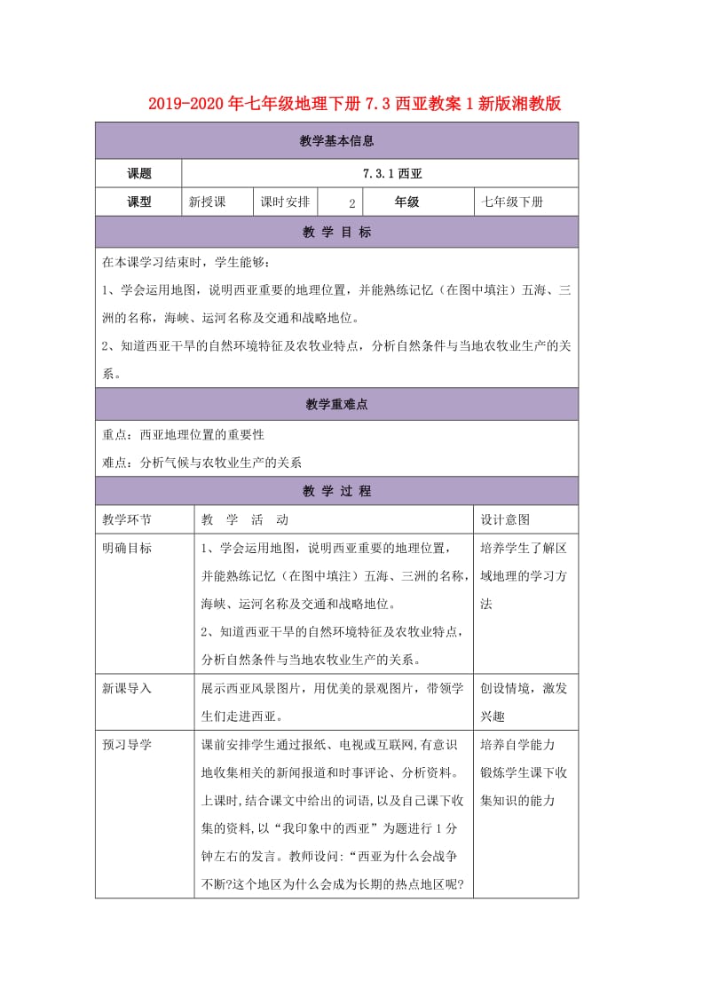 2019-2020年七年级地理下册7.3西亚教案1新版湘教版.doc_第1页