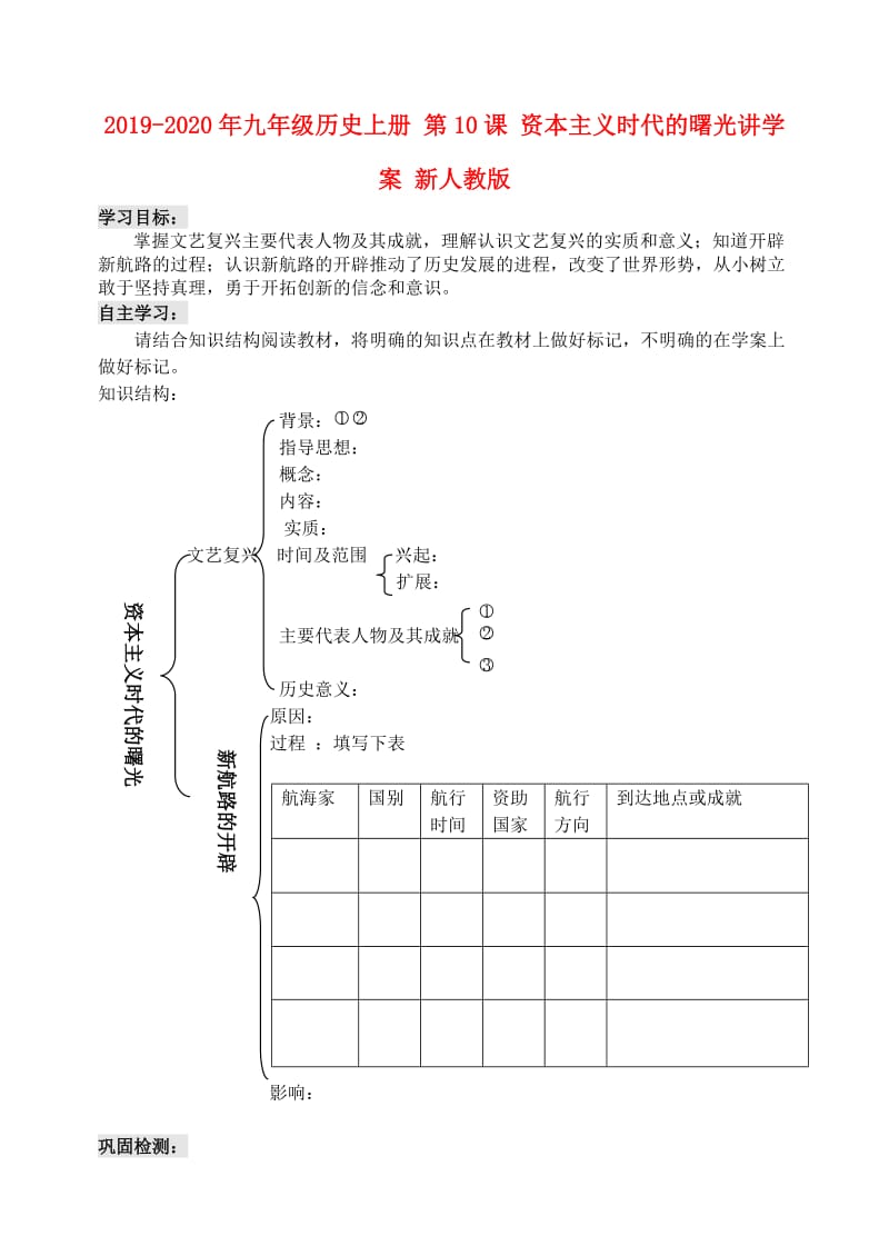 2019-2020年九年级历史上册 第10课 资本主义时代的曙光讲学案 新人教版.doc_第1页