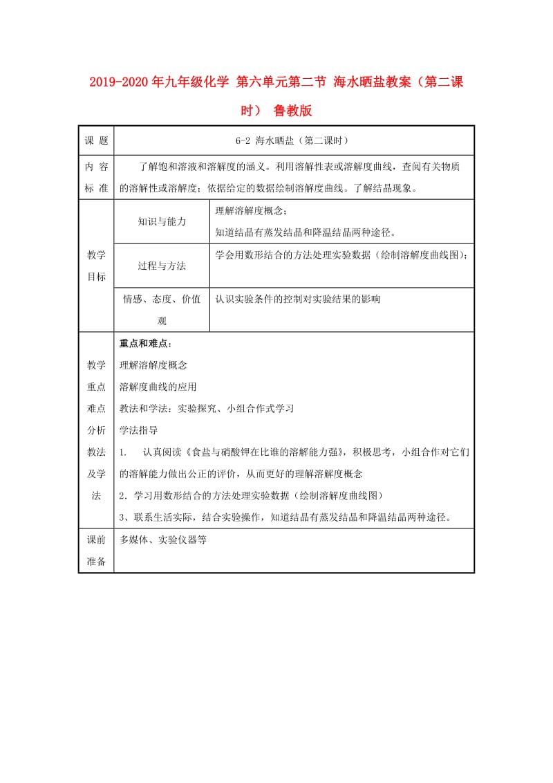 2019-2020年九年级化学 第六单元第二节 海水晒盐教案（第二课时） 鲁教版.doc_第1页