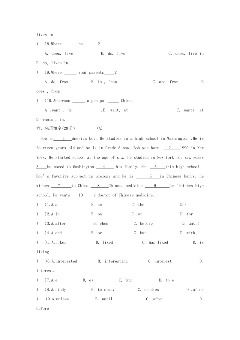 2019-2020年七年级英语下册《Unit 1 Where’s your pen pal from》单元综合练习 人教新目标版.doc_第3页