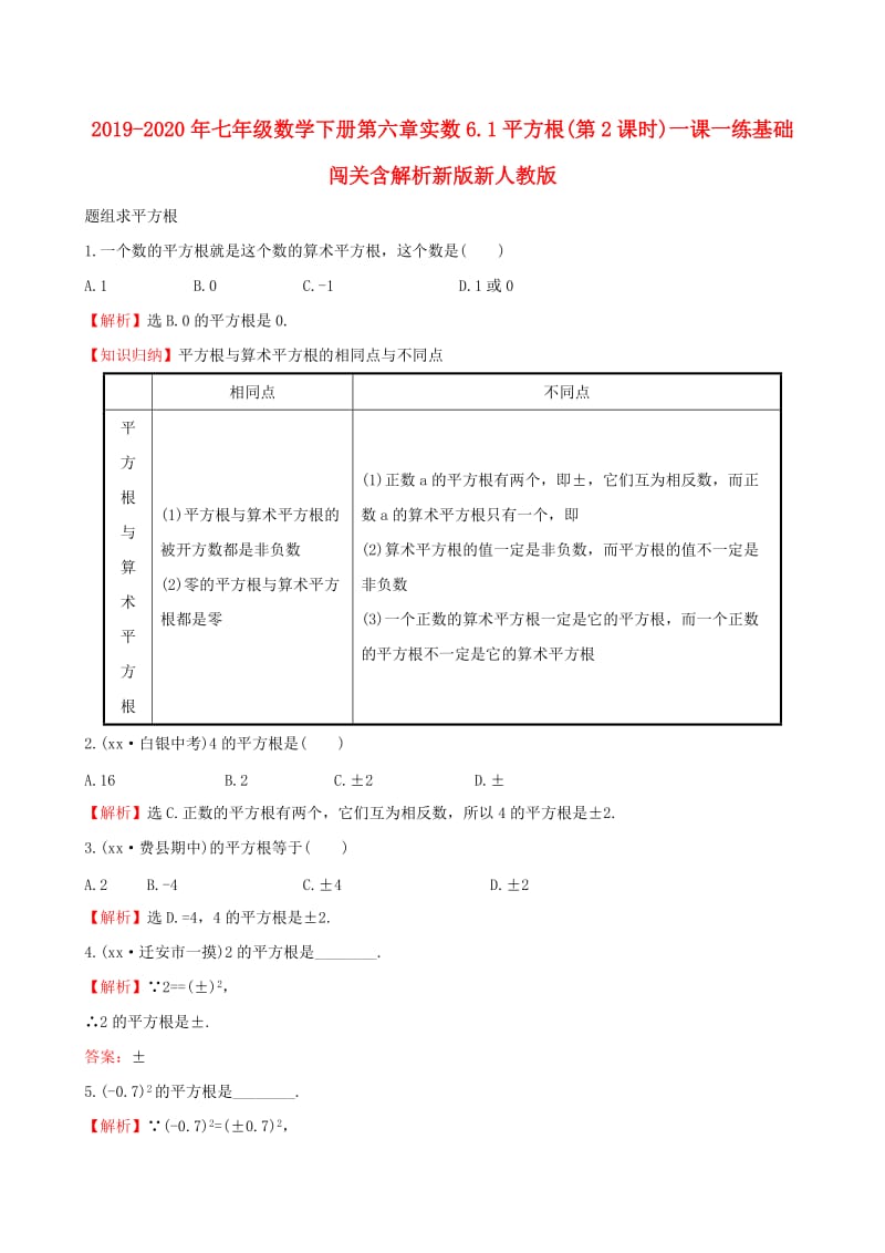 2019-2020年七年级数学下册第六章实数6.1平方根(第2课时)一课一练基础闯关含解析新版新人教版.doc_第1页