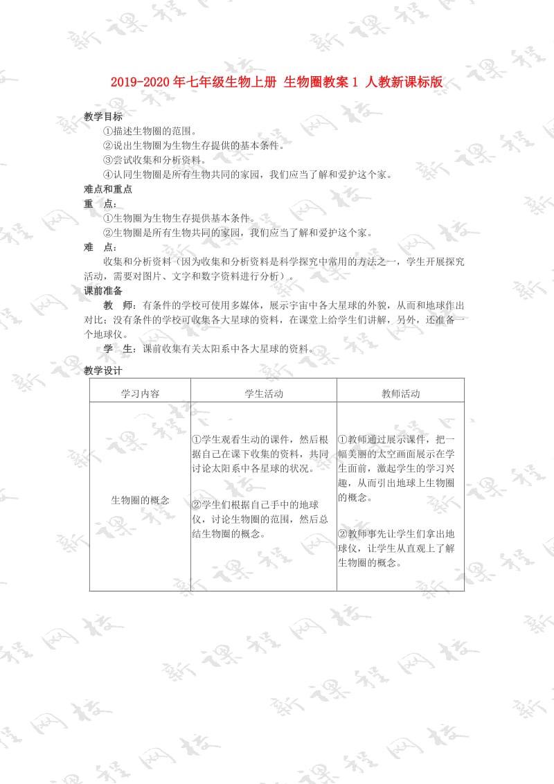 2019-2020年七年级生物上册 生物圈教案1 人教新课标版.doc_第1页