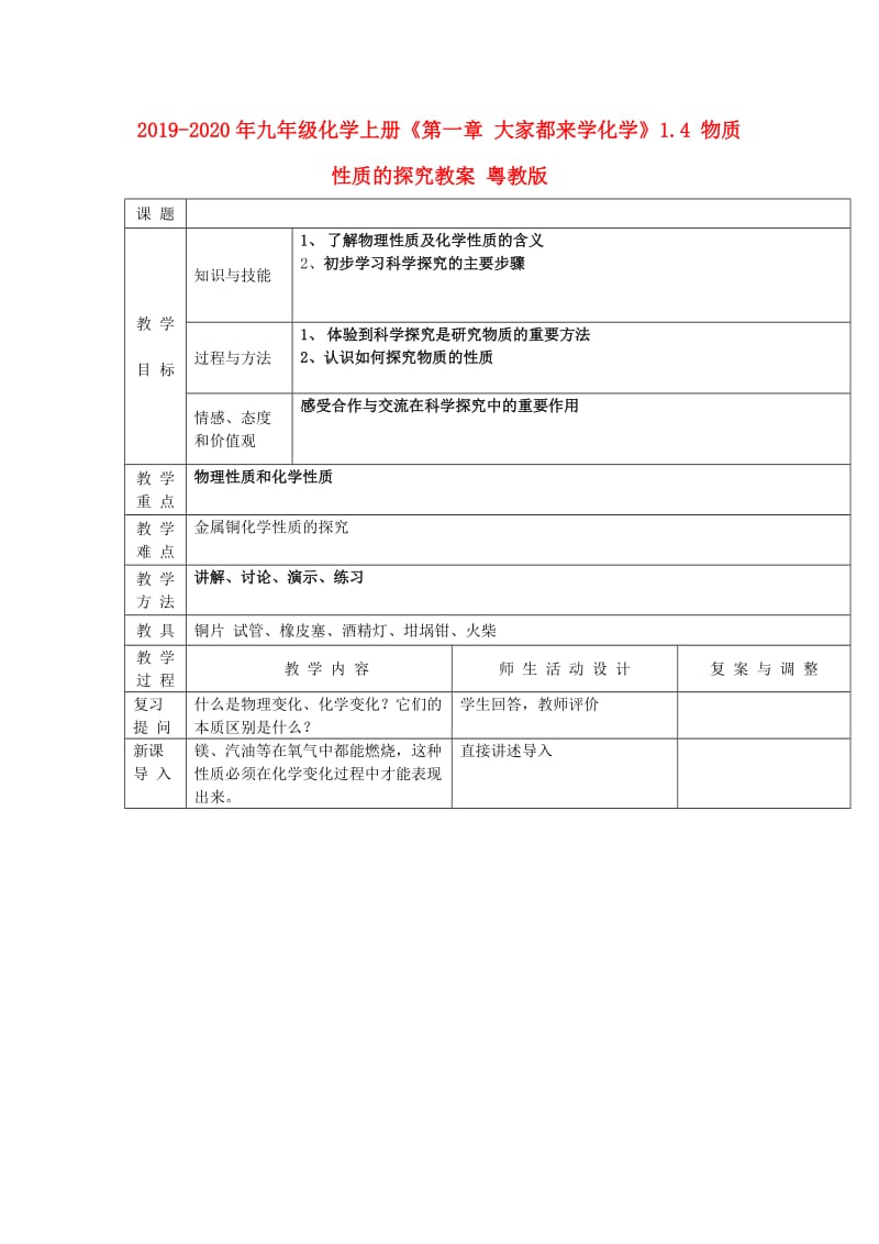 2019-2020年九年级化学上册《第一章 大家都来学化学》1.4 物质性质的探究教案 粤教版.doc_第1页