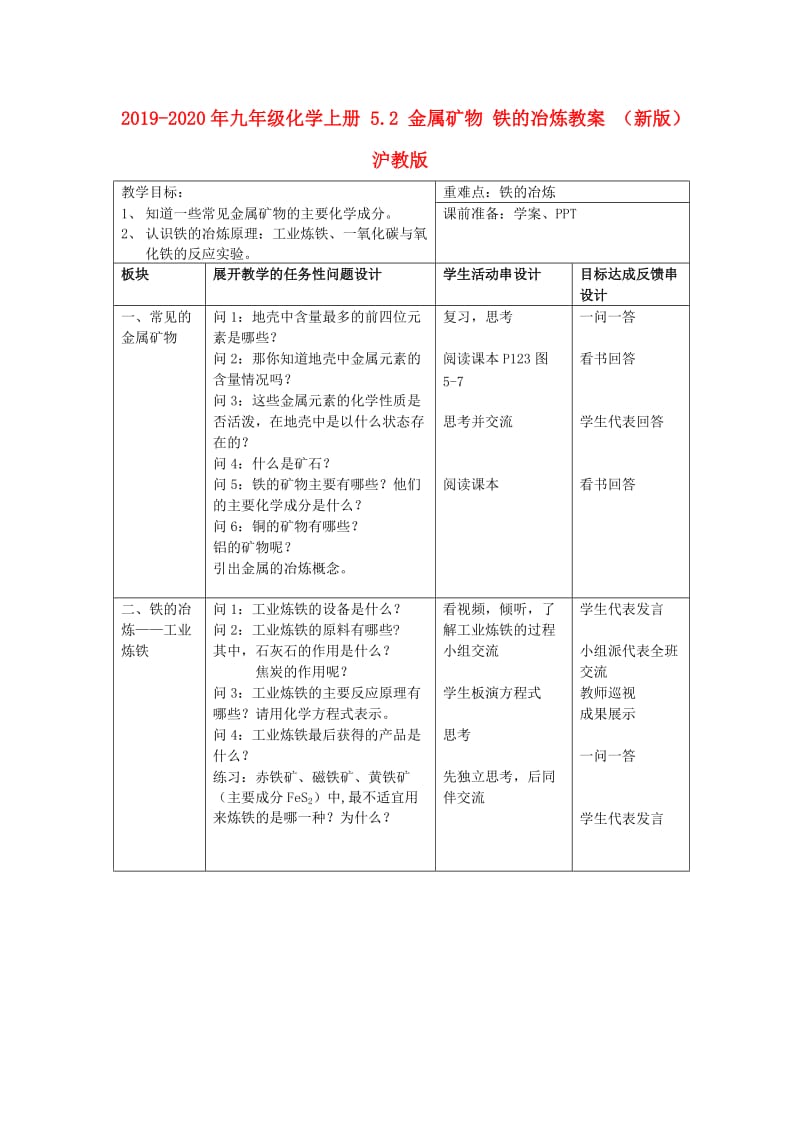 2019-2020年九年级化学上册 5.2 金属矿物 铁的冶炼教案 （新版）沪教版.doc_第1页