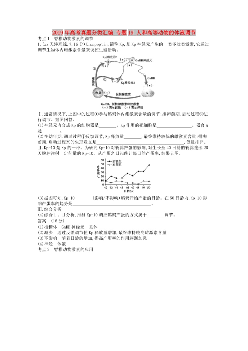 2019年高考真题分类汇编 专题19 人和高等动物的体液调节.doc_第1页