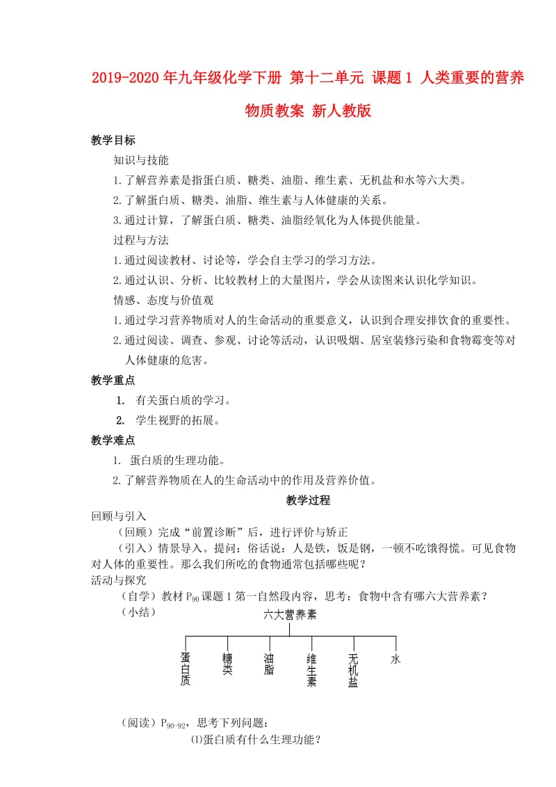 2019-2020年九年级化学下册 第十二单元 课题1 人类重要的营养物质教案 新人教版.doc_第1页