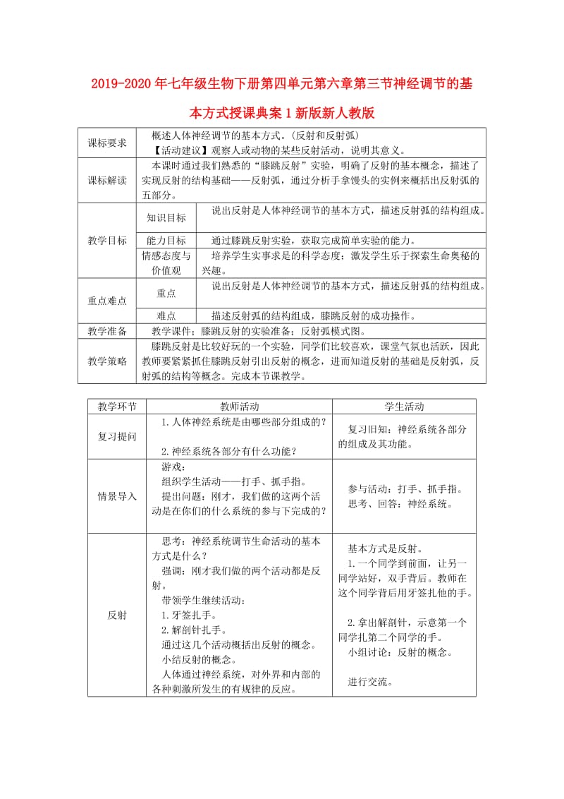 2019-2020年七年级生物下册第四单元第六章第三节神经调节的基本方式授课典案1新版新人教版.doc_第1页