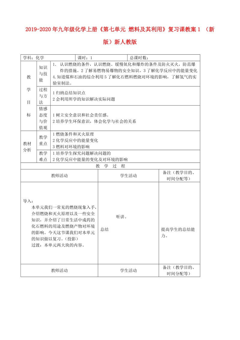 2019-2020年九年级化学上册《第七单元 燃料及其利用》复习课教案1 （新版）新人教版.doc_第1页