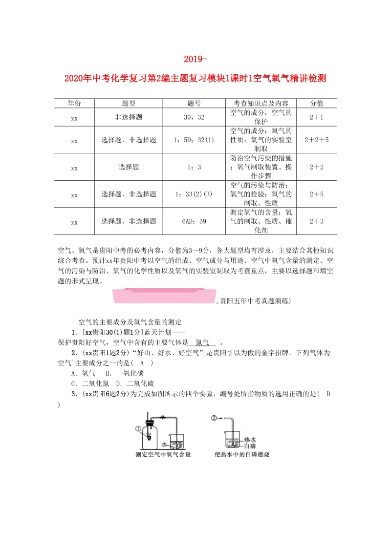 2019-2020年中考化学复习第2编主题复习模块1课时1空气氧气精讲检测.doc_第1页