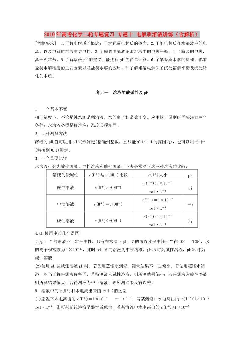 2019年高考化学二轮专题复习 专题十 电解质溶液讲练（含解析）.doc_第1页