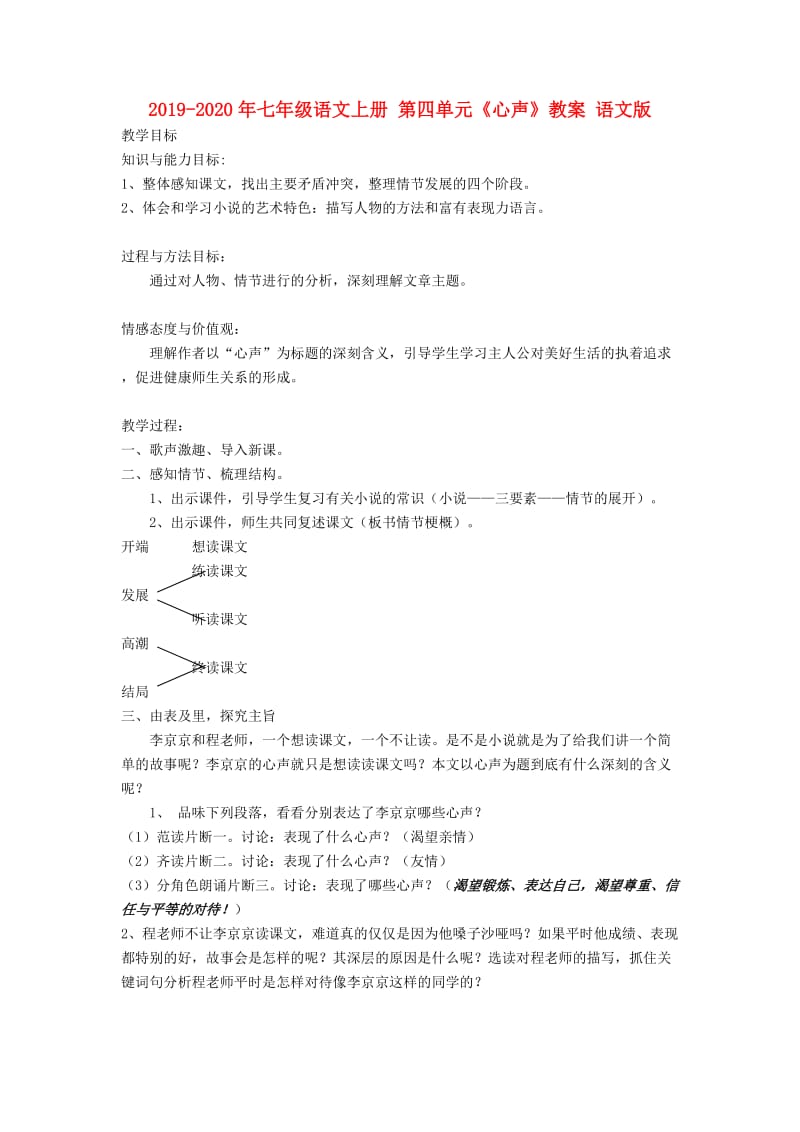 2019-2020年七年级语文上册 第四单元《心声》教案 语文版.doc_第1页