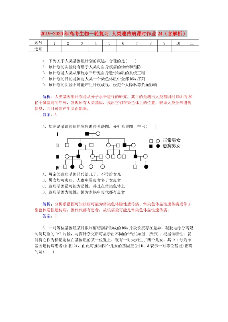 2019-2020年高考生物一轮复习 人类遗传病课时作业24（含解析）.doc_第1页