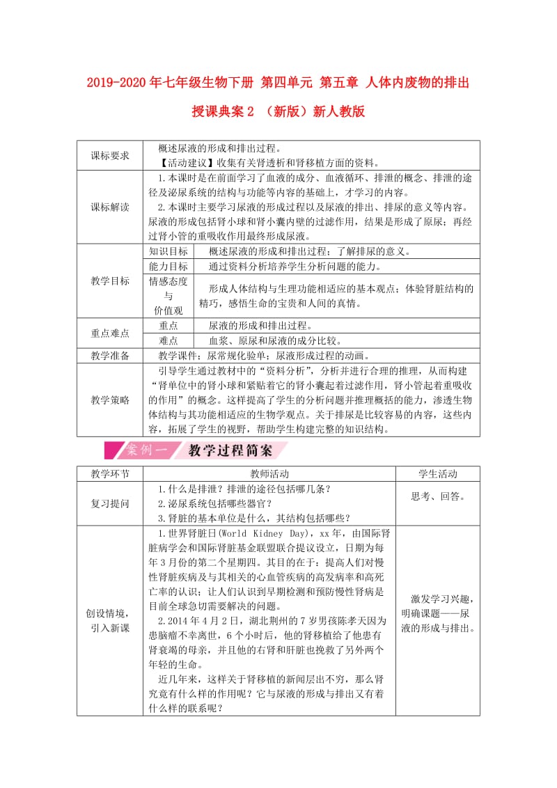 2019-2020年七年级生物下册 第四单元 第五章 人体内废物的排出授课典案2 （新版）新人教版.doc_第1页