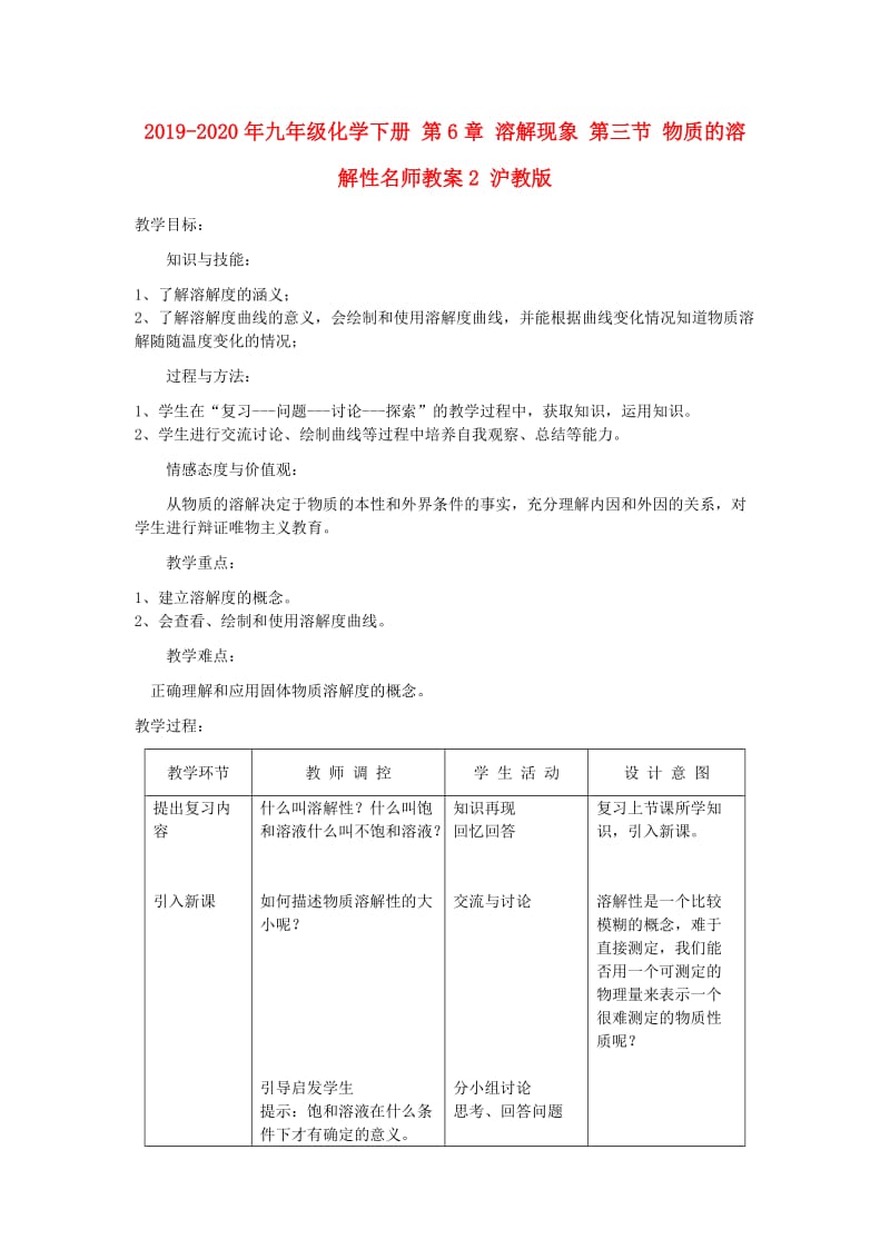 2019-2020年九年级化学下册 第6章 溶解现象 第三节 物质的溶解性名师教案2 沪教版.doc_第1页