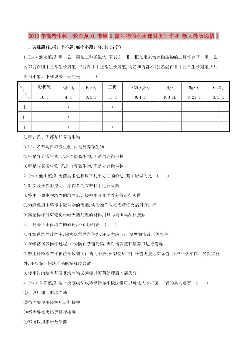 2019年高考生物一轮总复习 专题2 微生物的利用课时提升作业 新人教版选修1.doc_第1页