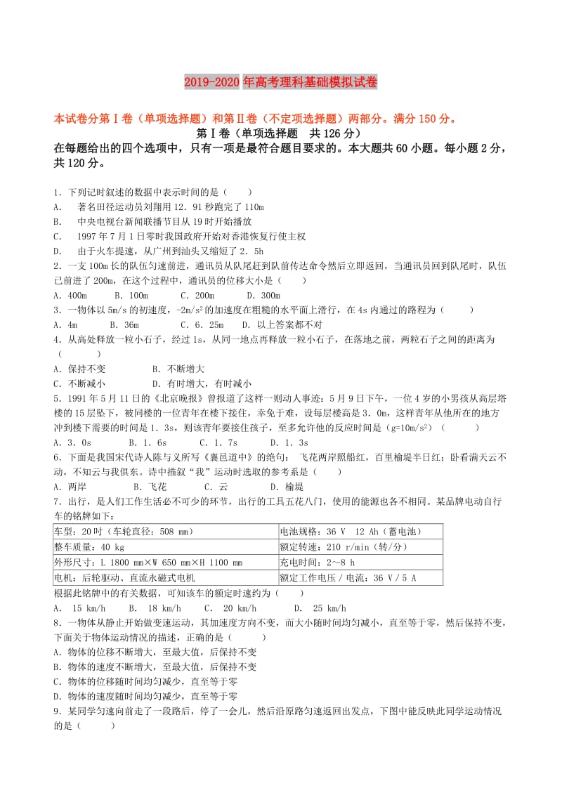 2019-2020年高考理科基础模拟试卷.doc_第1页