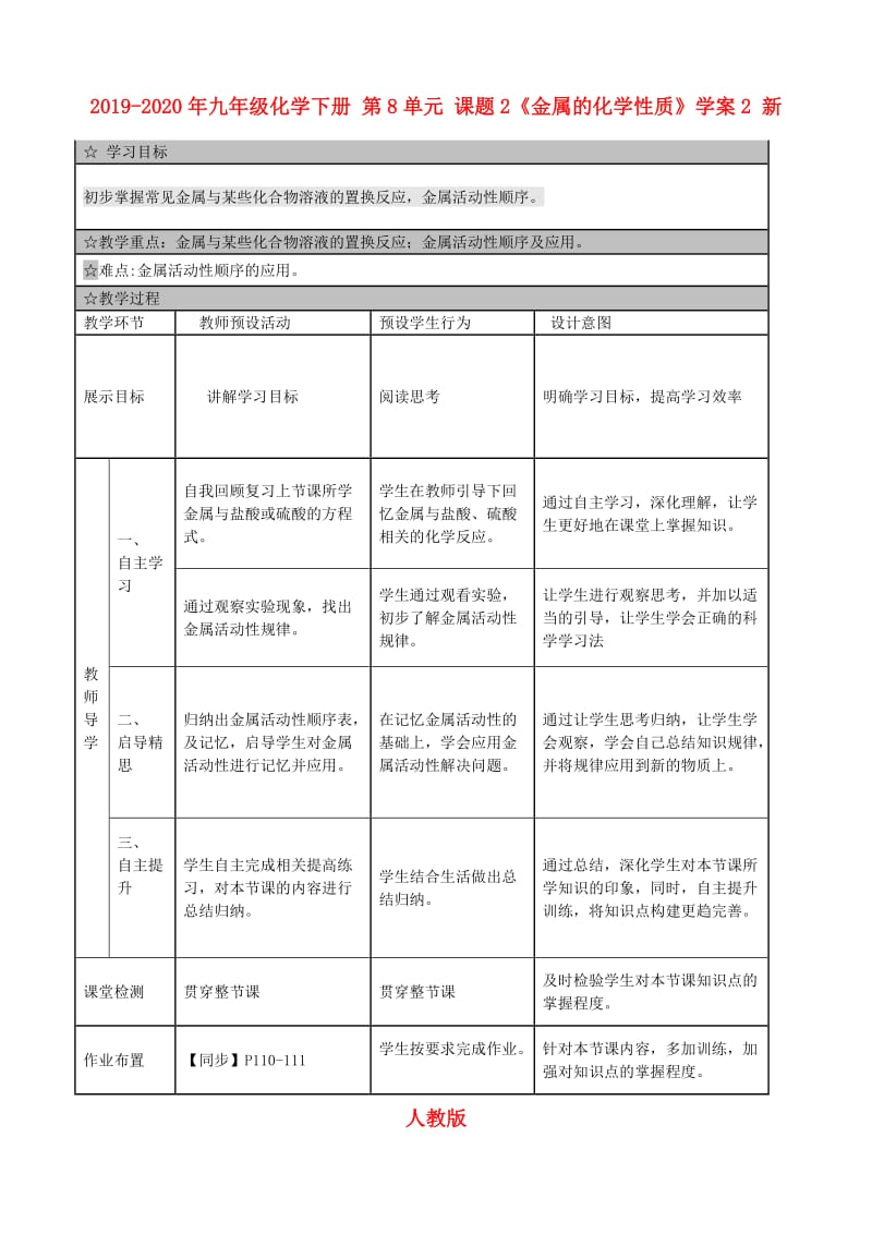 2019-2020年九年级化学下册 第8单元 课题2《金属的化学性质》学案2 新人教版.doc_第1页