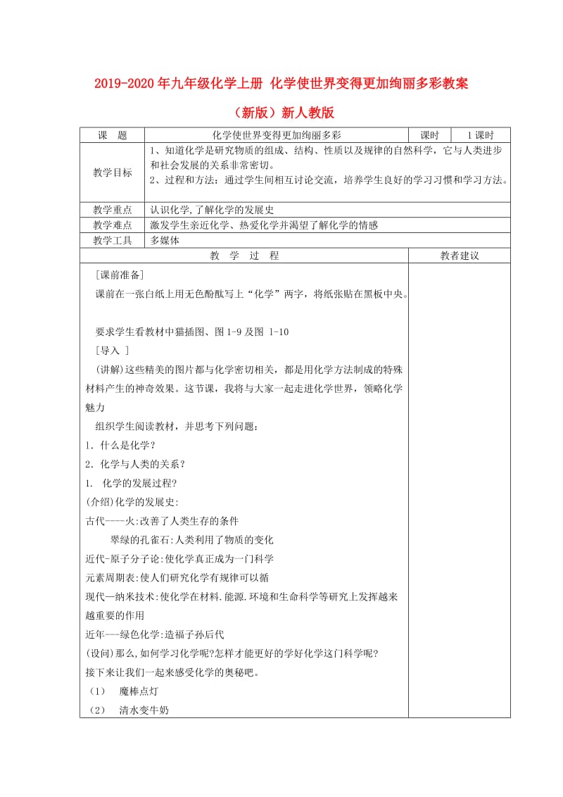 2019-2020年九年级化学上册 化学使世界变得更加绚丽多彩教案 （新版）新人教版.doc_第1页