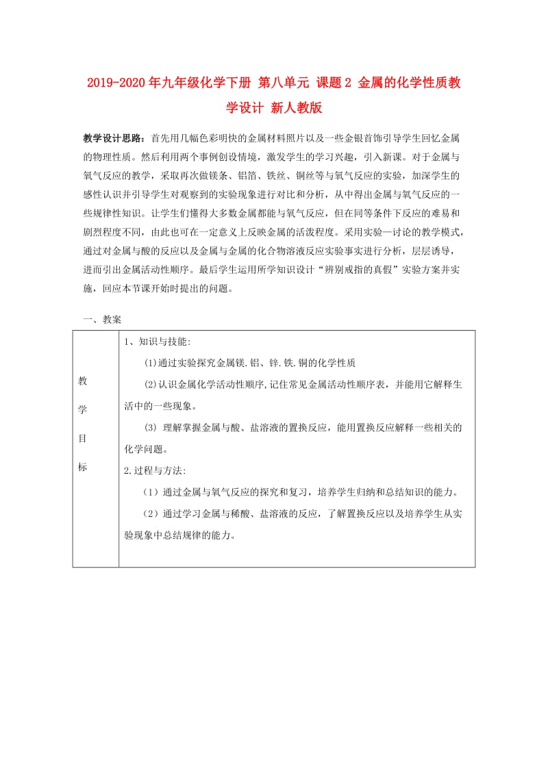 2019-2020年九年级化学下册 第八单元 课题2 金属的化学性质教学设计 新人教版.doc_第1页