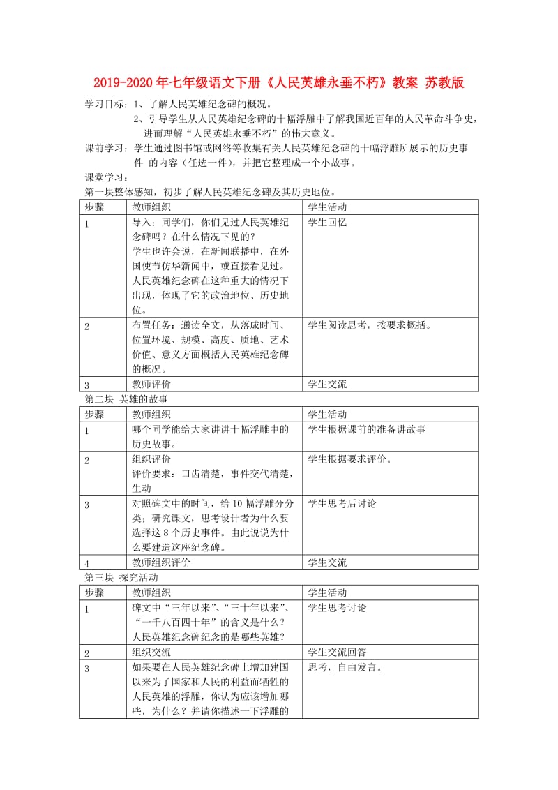 2019-2020年七年级语文下册《人民英雄永垂不朽》教案 苏教版.doc_第1页