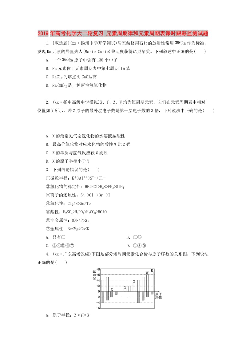 2019年高考化学大一轮复习 元素周期律和元素周期表课时跟踪监测试题.doc_第1页