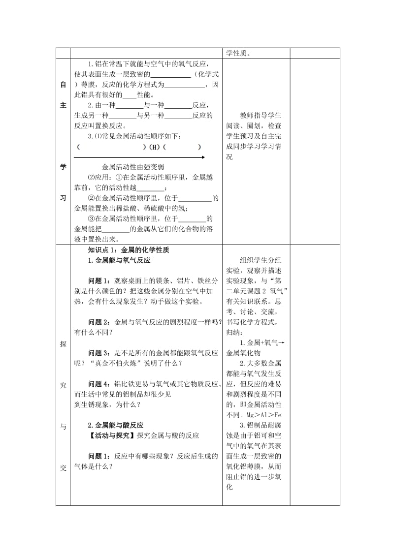 2019-2020年九年级化学下册 第八单元 课题2 金属的化学性质教案 新人教版(I).doc_第2页