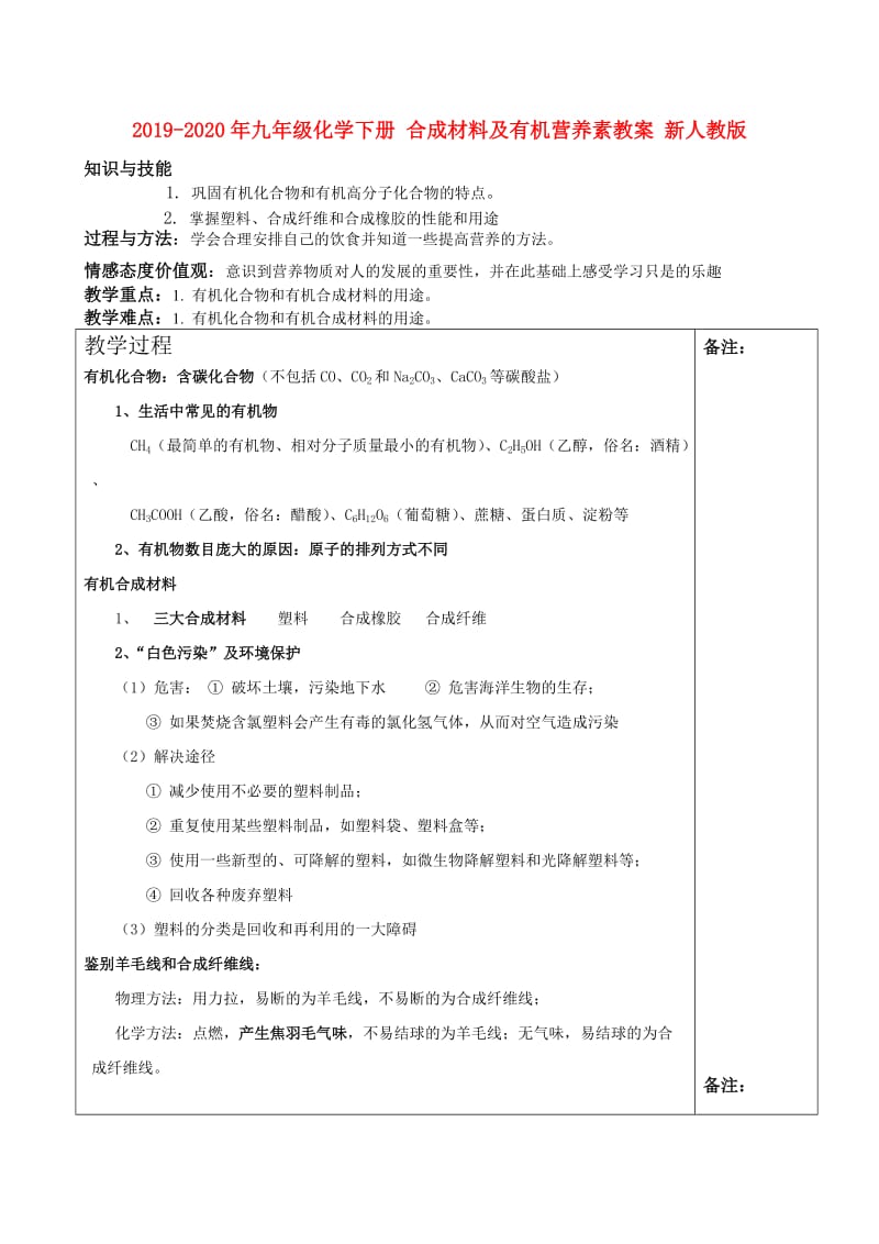 2019-2020年九年级化学下册 合成材料及有机营养素教案 新人教版.doc_第1页