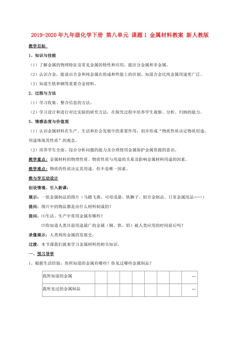 2019-2020年九年级化学下册 第八单元 课题1 金属材料教案 新人教版.doc_第1页