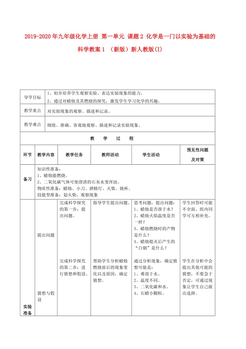 2019-2020年九年级化学上册 第一单元 课题2 化学是一门以实验为基础的科学教案1 （新版）新人教版(I).doc_第1页