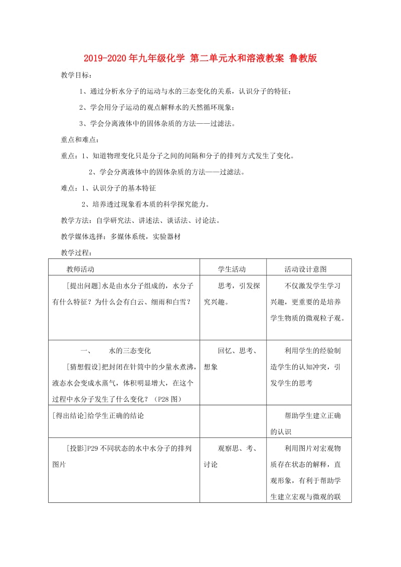 2019-2020年九年级化学 第二单元水和溶液教案 鲁教版.doc_第1页