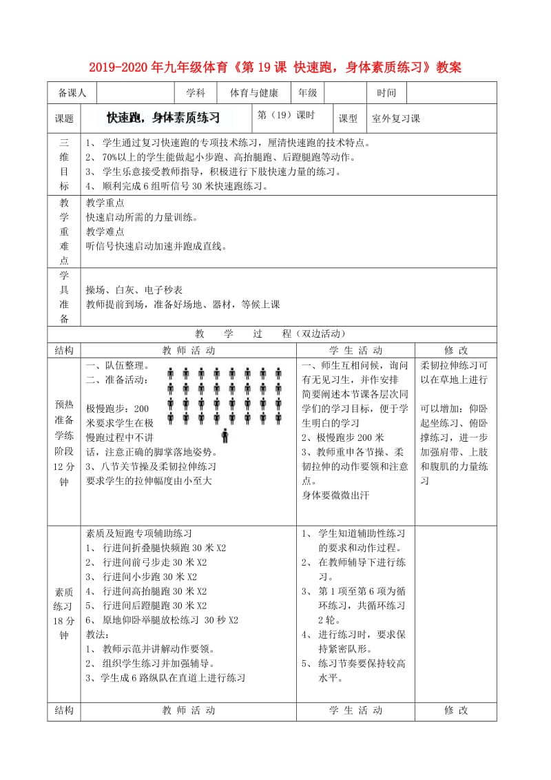 2019-2020年九年级体育《第19课 快速跑身体素质练习》教案.doc_第1页