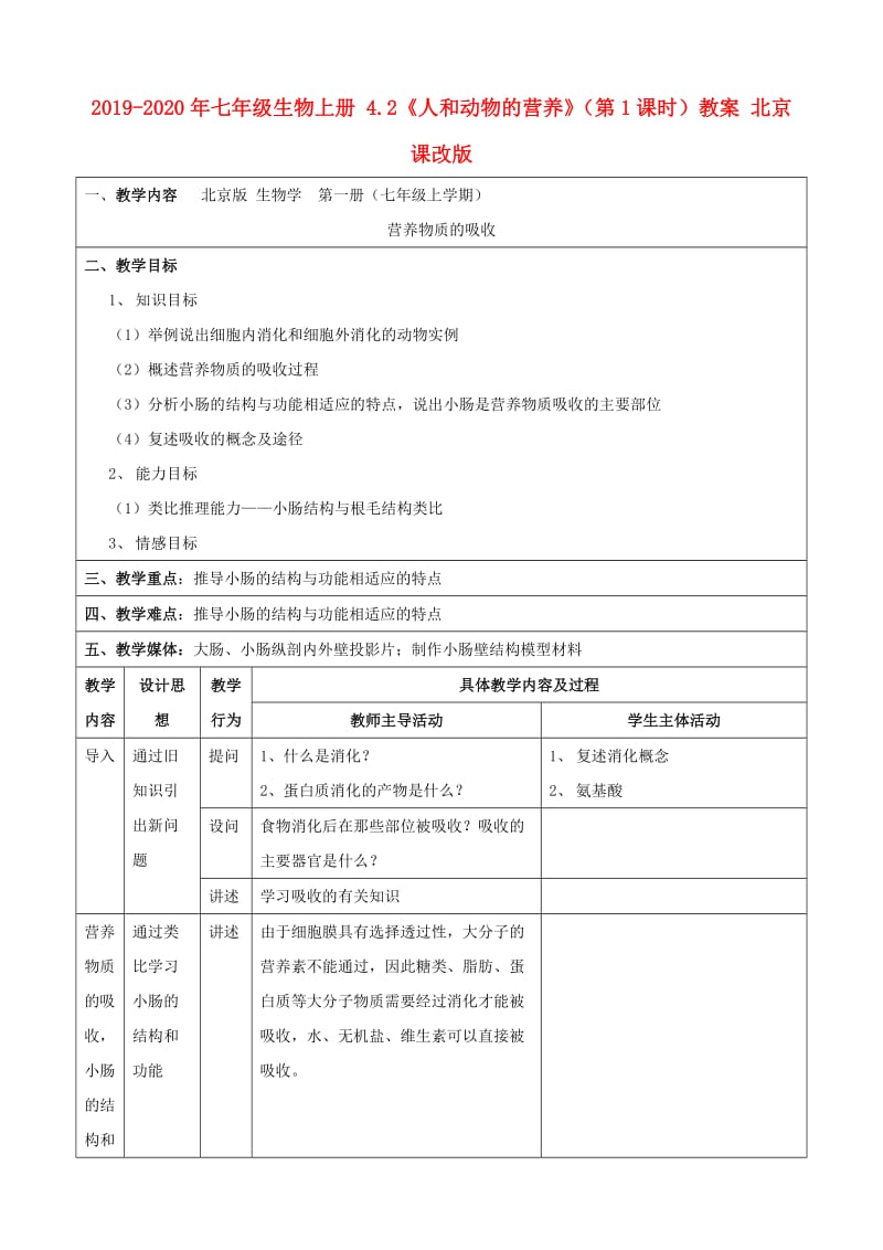 2019-2020年七年级生物上册 4.2《人和动物的营养》（第1课时）教案 北京课改版.doc_第1页