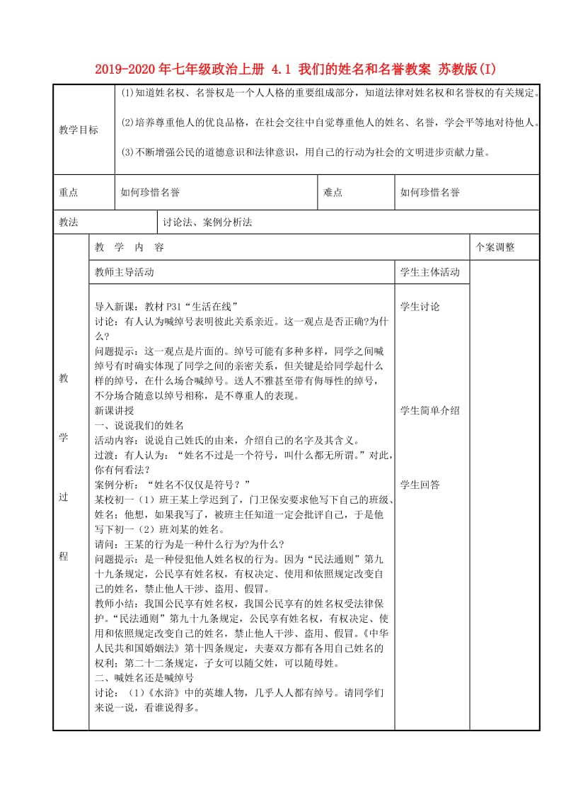 2019-2020年七年级政治上册 4.1 我们的姓名和名誉教案 苏教版(I).doc_第1页