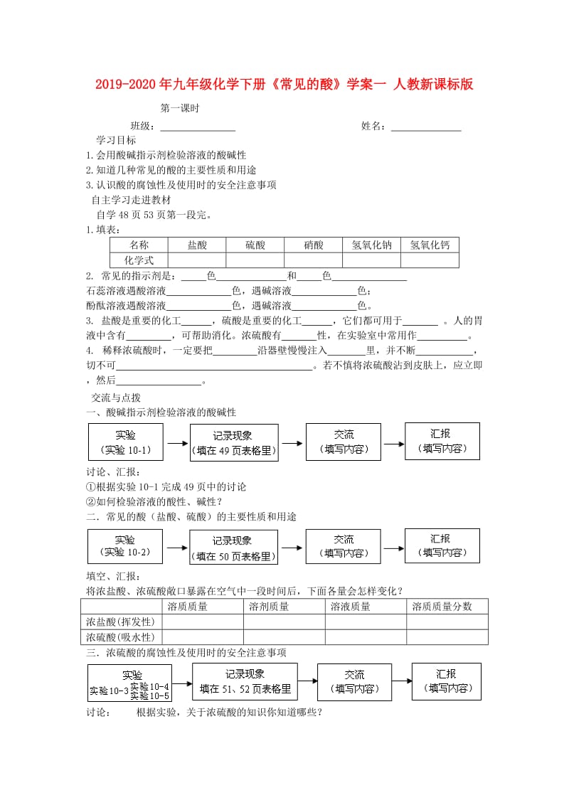 2019-2020年九年级化学下册《常见的酸》学案一 人教新课标版.doc_第1页